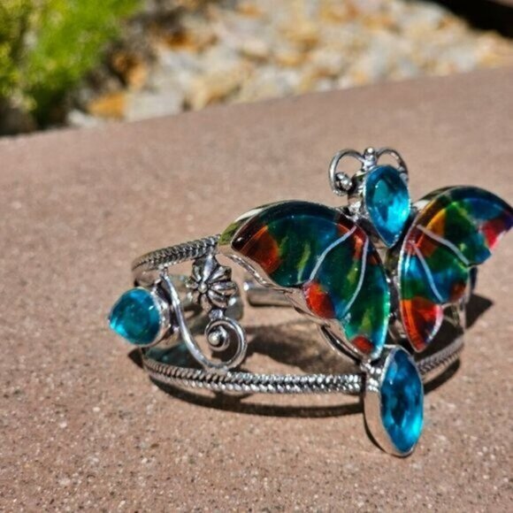 Dichroic Glass ✦ Butterfly Cuff Bracelet ✦ S925 Sterling Silver Topaz Accent NWT main image 4